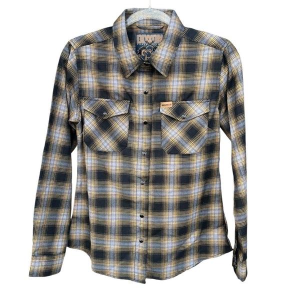 Dixxon Brownells Big Iron Plaid Flannel Pearl Snap Shirt Women’s Medium EUC - Picture 2 of 14